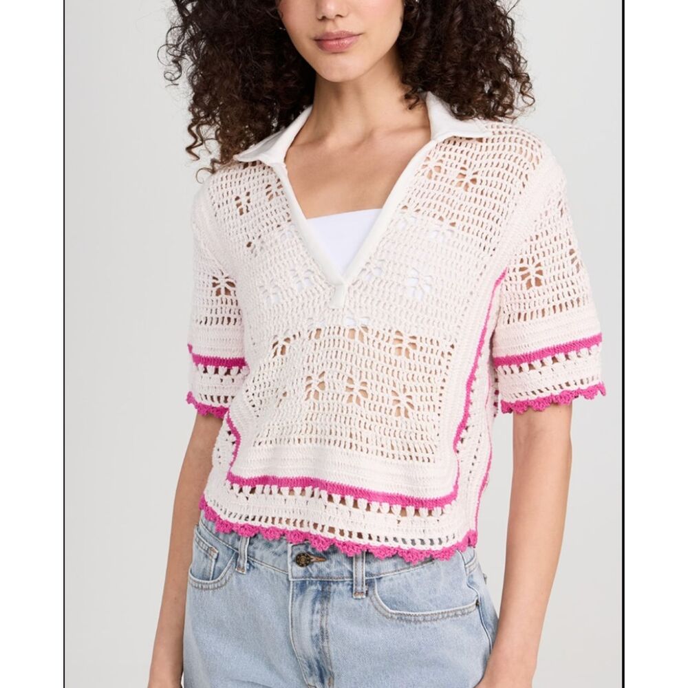 SAYLOR Lucienne Crochet‎ Knit Top White Pink Large